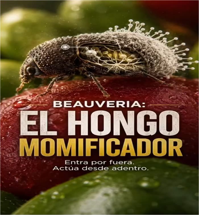 Ilustración del hongo Beauveria bassiana colonizando un insecto: entra por fuera y actúa desde adentro